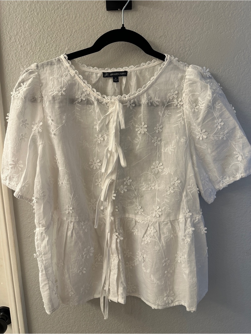 Adrianna Papell White Floral Embroidered Tie-Front Peasant Top